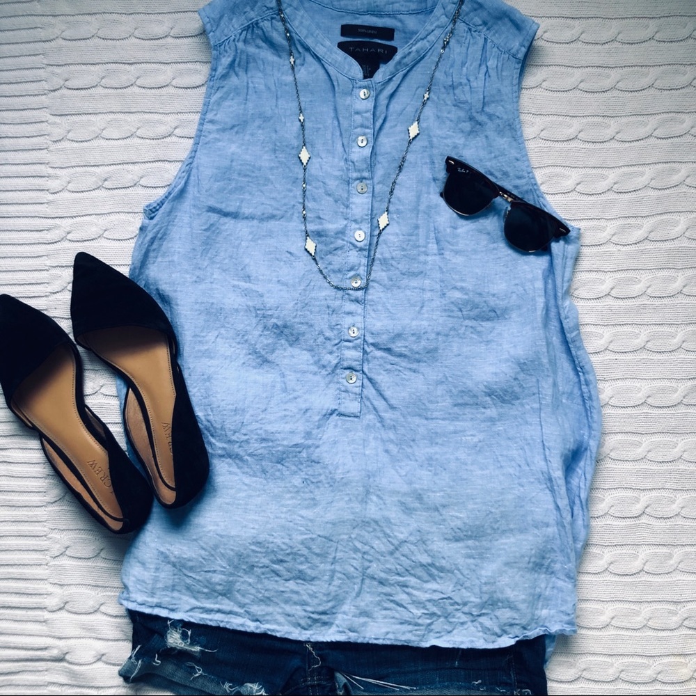 Tahari | 100% Linen | Sky Blue | Sleeveless Blouse